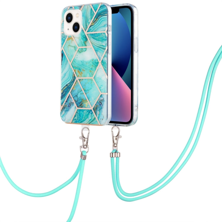 For iPhone 14 Plus Electroplating Splicing Marble Pattern Dual-side IMD TPU Shockproof Case with Neck Lanyard