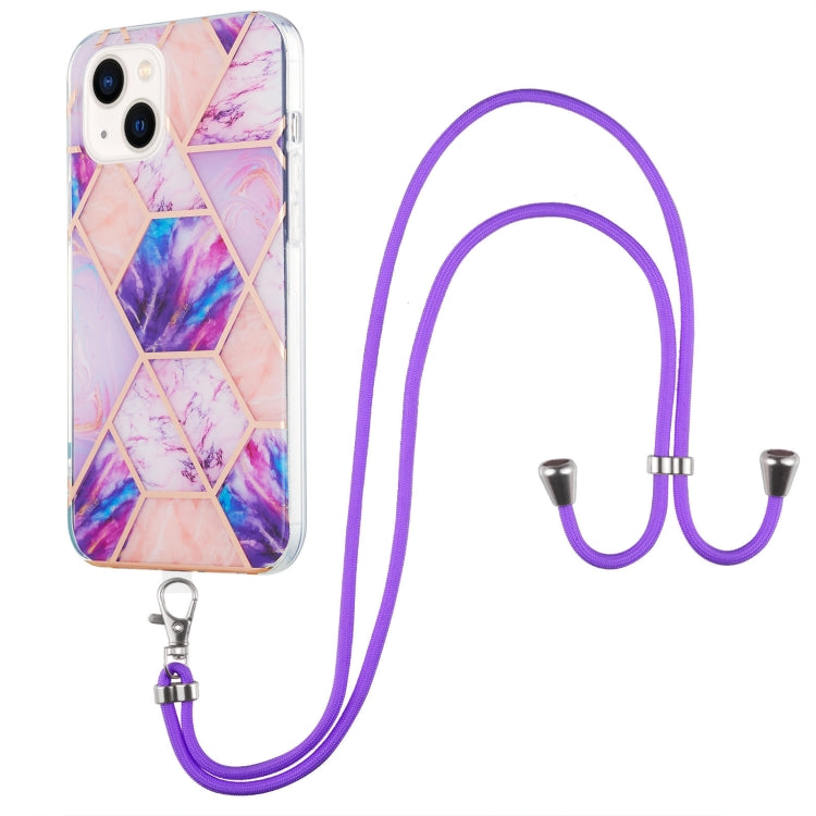 For iPhone 14 Plus Electroplating Splicing Marble Pattern Dual-side IMD TPU Shockproof Case with Neck Lanyard