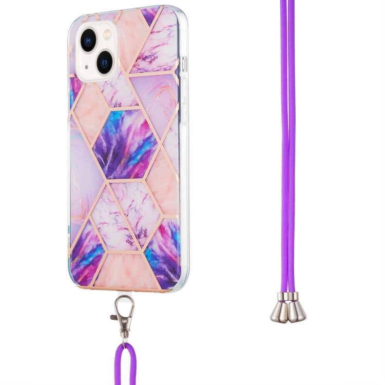 For iPhone 14 Plus Electroplating Splicing Marble Pattern Dual-side IMD TPU Shockproof Case with Neck Lanyard