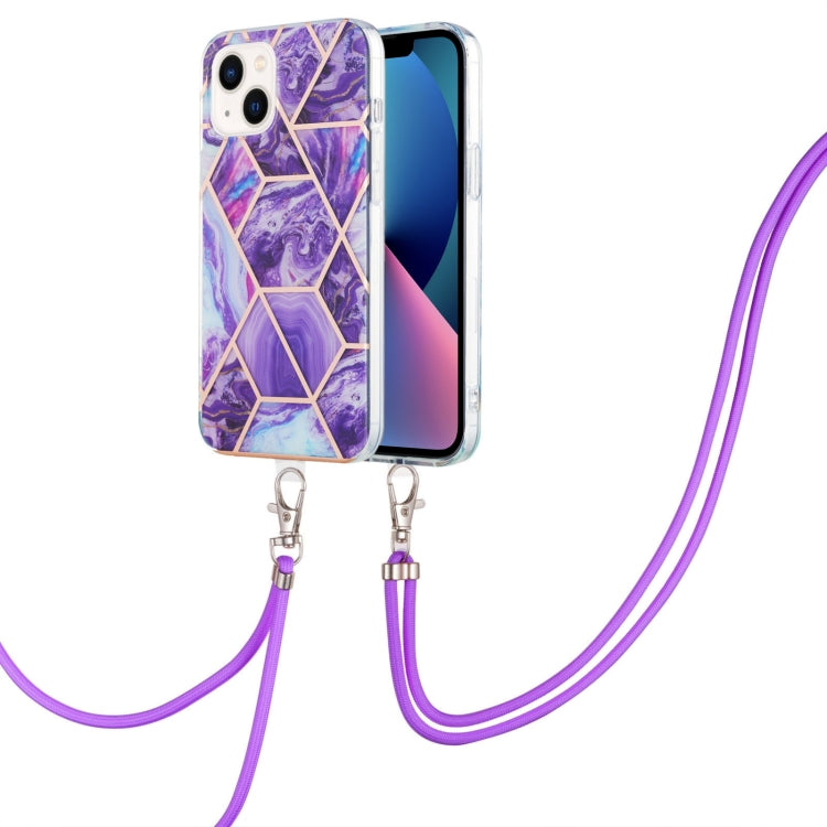 For iPhone 14 Plus Electroplating Splicing Marble Pattern Dual-side IMD TPU Shockproof Case with Neck Lanyard