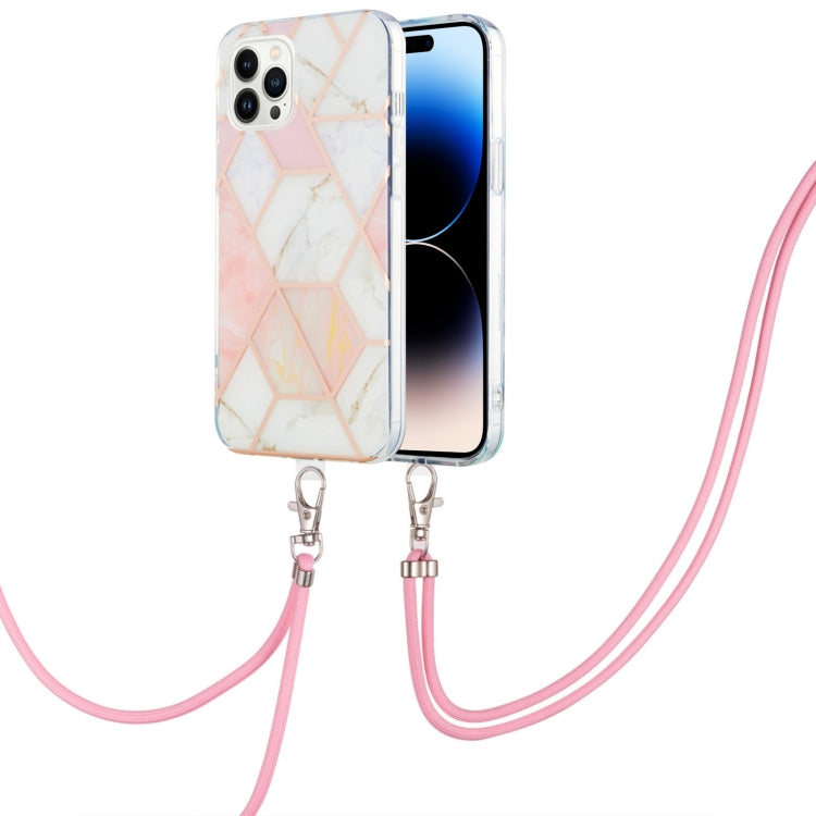 For iPhone 14 Pro Electroplating Splicing Marble Pattern Dual-side IMD TPU Shockproof Case with Neck Lanyard