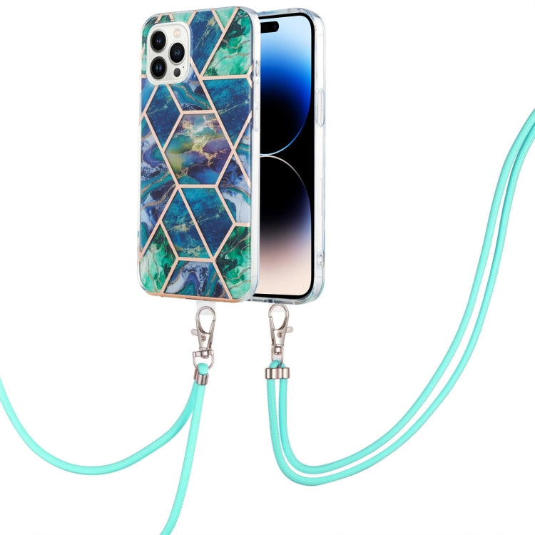 For iPhone 14 Pro Electroplating Splicing Marble Pattern Dual-side IMD TPU Shockproof Case with Neck Lanyard