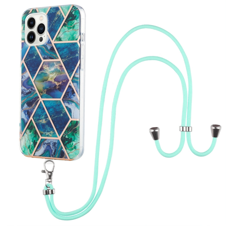 For iPhone 14 Pro Electroplating Splicing Marble Pattern Dual-side IMD TPU Shockproof Case with Neck Lanyard