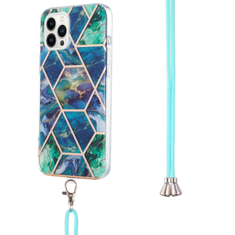 For iPhone 14 Pro Electroplating Splicing Marble Pattern Dual-side IMD TPU Shockproof Case with Neck Lanyard