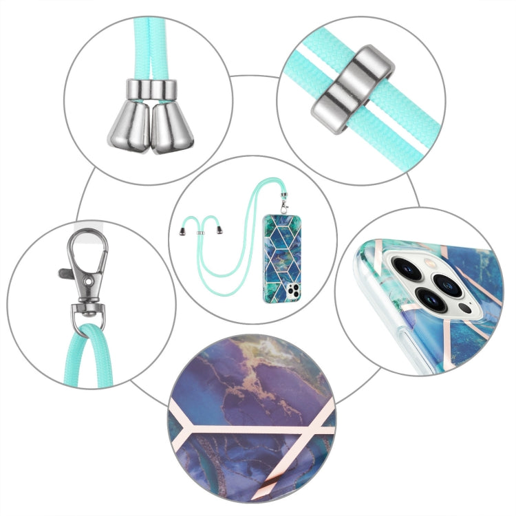 For iPhone 14 Pro Electroplating Splicing Marble Pattern Dual-side IMD TPU Shockproof Case with Neck Lanyard