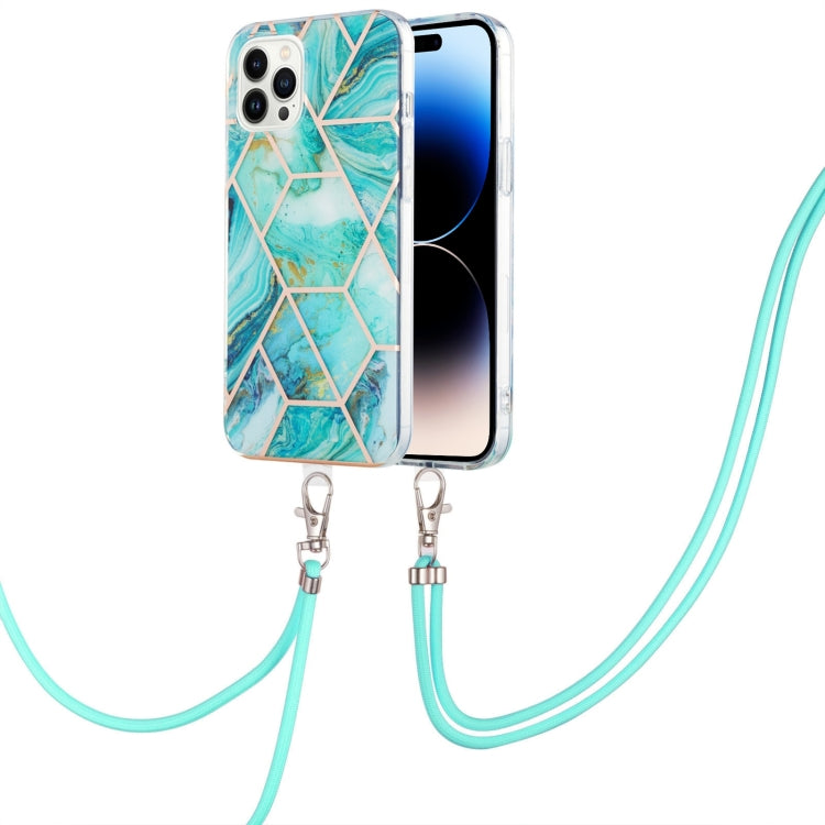 For iPhone 14 Pro Electroplating Splicing Marble Pattern Dual-side IMD TPU Shockproof Case with Neck Lanyard