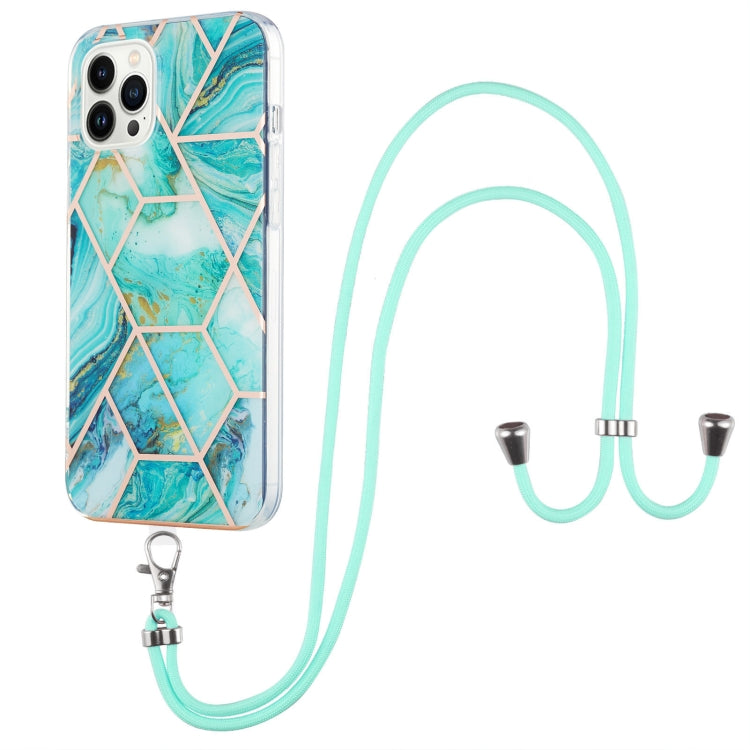For iPhone 14 Pro Electroplating Splicing Marble Pattern Dual-side IMD TPU Shockproof Case with Neck Lanyard