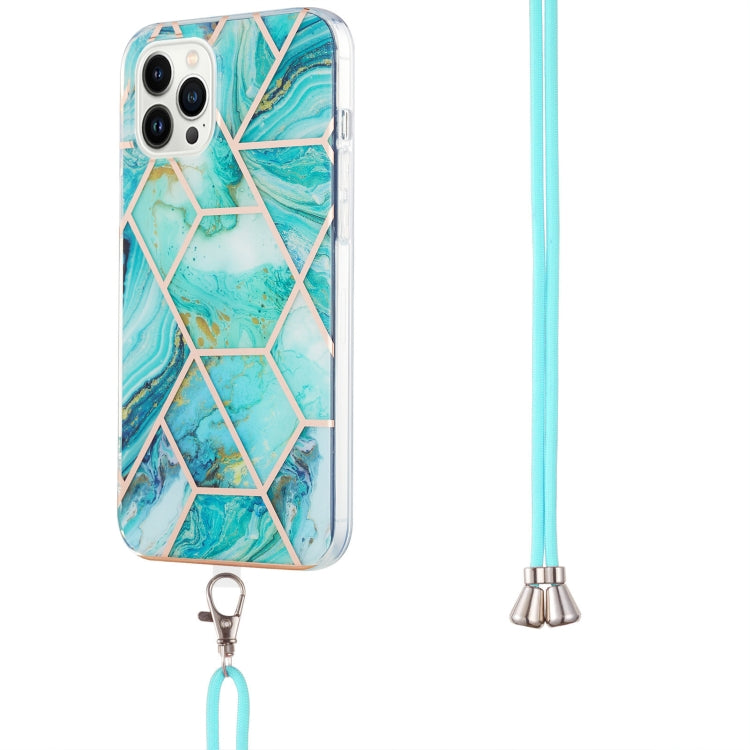 For iPhone 14 Pro Electroplating Splicing Marble Pattern Dual-side IMD TPU Shockproof Case with Neck Lanyard