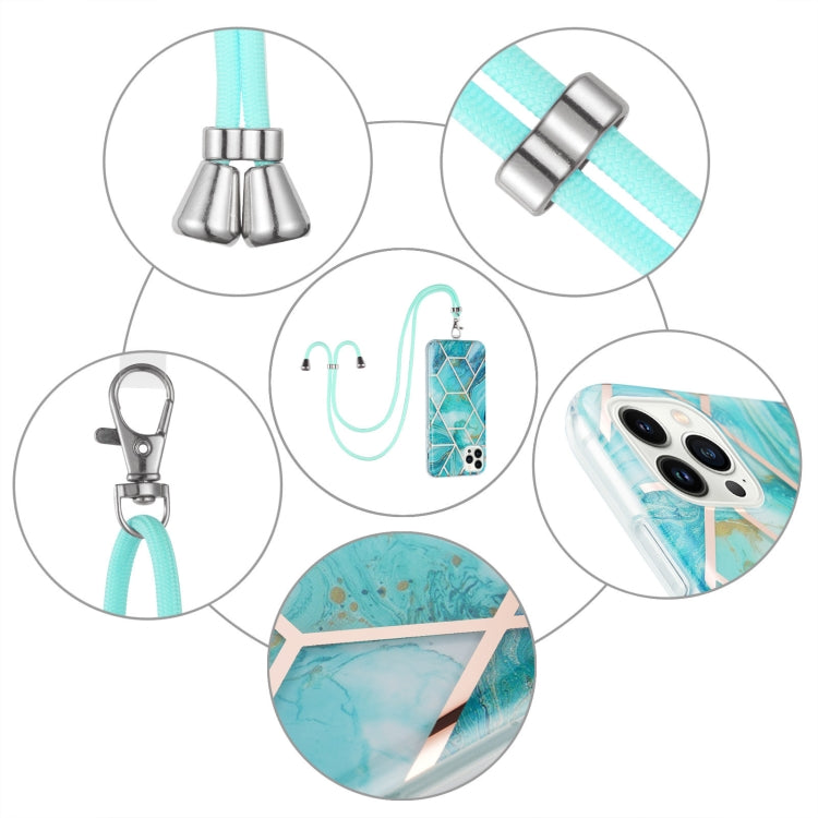 For iPhone 14 Pro Electroplating Splicing Marble Pattern Dual-side IMD TPU Shockproof Case with Neck Lanyard