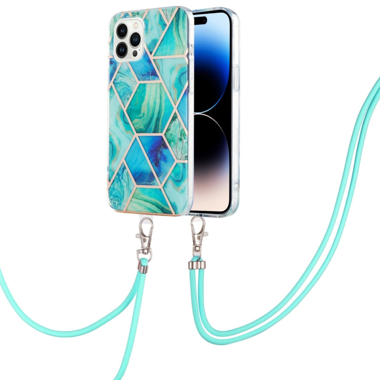 For iPhone 14 Pro Electroplating Splicing Marble Pattern Dual-side IMD TPU Shockproof Case with Neck Lanyard