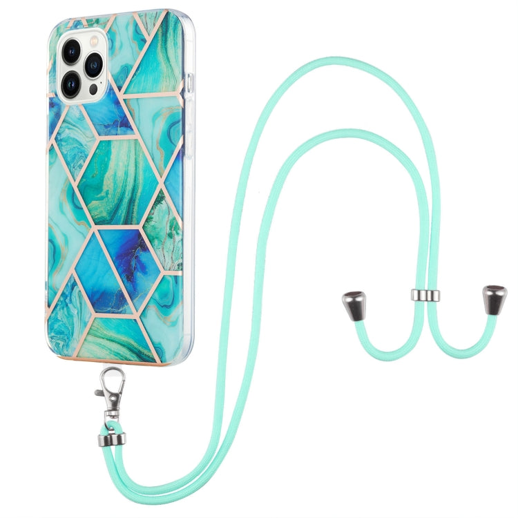 For iPhone 14 Pro Electroplating Splicing Marble Pattern Dual-side IMD TPU Shockproof Case with Neck Lanyard