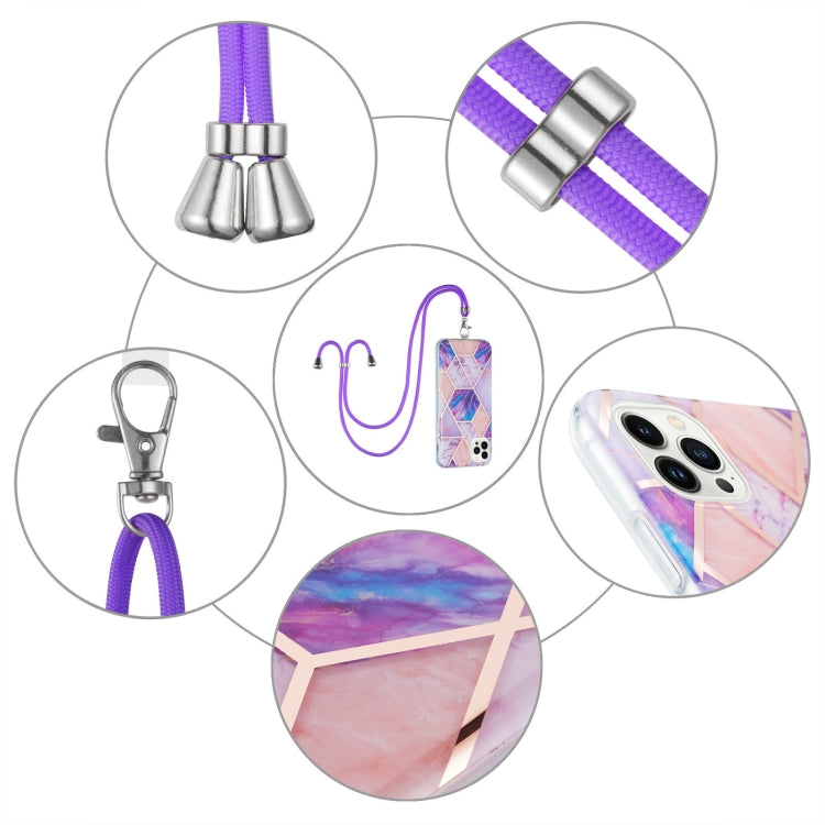 For iPhone 14 Pro Electroplating Splicing Marble Pattern Dual-side IMD TPU Shockproof Case with Neck Lanyard