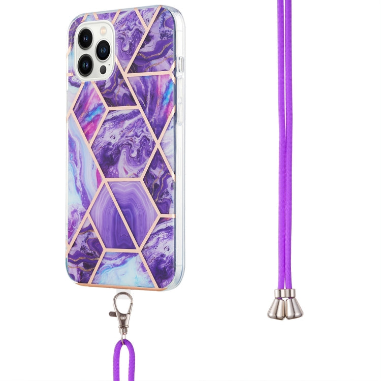 For iPhone 14 Pro Electroplating Splicing Marble Pattern Dual-side IMD TPU Shockproof Case with Neck Lanyard