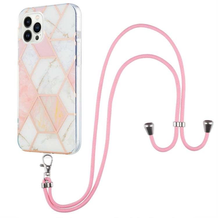 For iPhone 14 Pro Max Electroplating Splicing Marble Pattern Dual-side IMD TPU Shockproof Case with Neck Lanyard