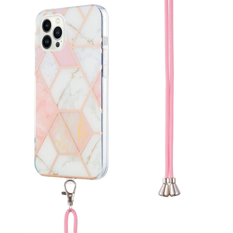 For iPhone 14 Pro Max Electroplating Splicing Marble Pattern Dual-side IMD TPU Shockproof Case with Neck Lanyard