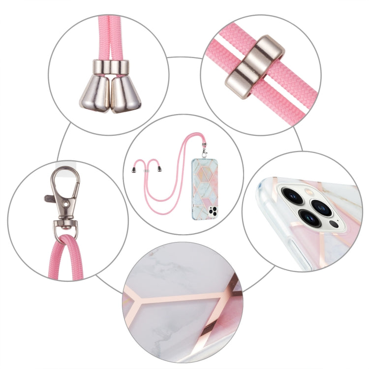 For iPhone 14 Pro Max Electroplating Splicing Marble Pattern Dual-side IMD TPU Shockproof Case with Neck Lanyard
