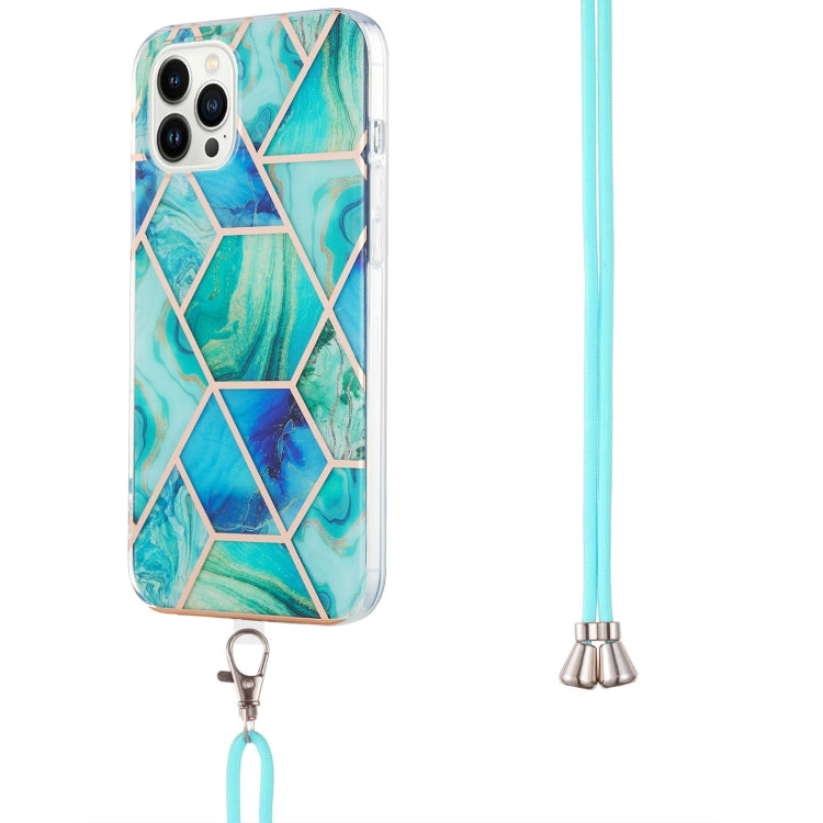 For iPhone 14 Pro Max Electroplating Splicing Marble Pattern Dual-side IMD TPU Shockproof Case with Neck Lanyard