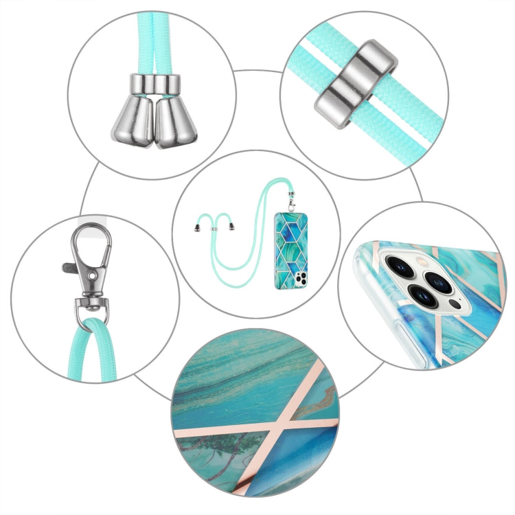 For iPhone 14 Pro Max Electroplating Splicing Marble Pattern Dual-side IMD TPU Shockproof Case with Neck Lanyard