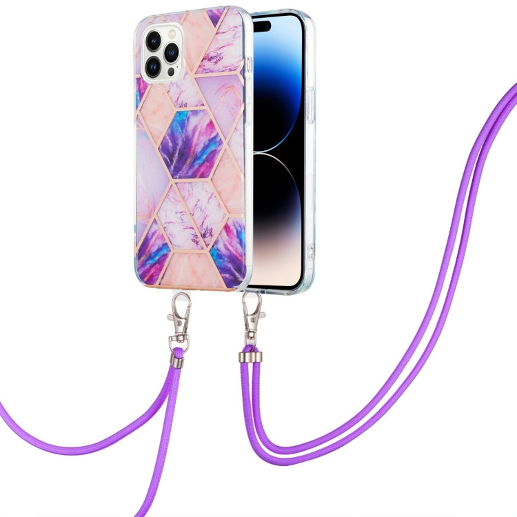 For iPhone 14 Pro Max Electroplating Splicing Marble Pattern Dual-side IMD TPU Shockproof Case with Neck Lanyard
