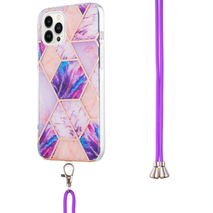 For iPhone 14 Pro Max Electroplating Splicing Marble Pattern Dual-side IMD TPU Shockproof Case with Neck Lanyard