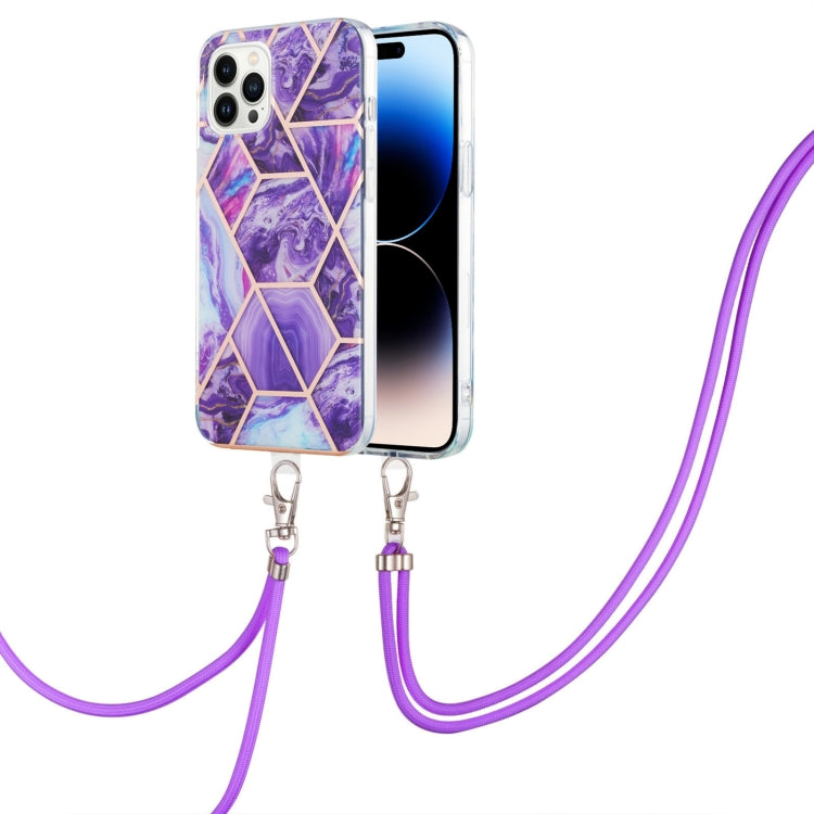 For iPhone 14 Pro Max Electroplating Splicing Marble Pattern Dual-side IMD TPU Shockproof Case with Neck Lanyard