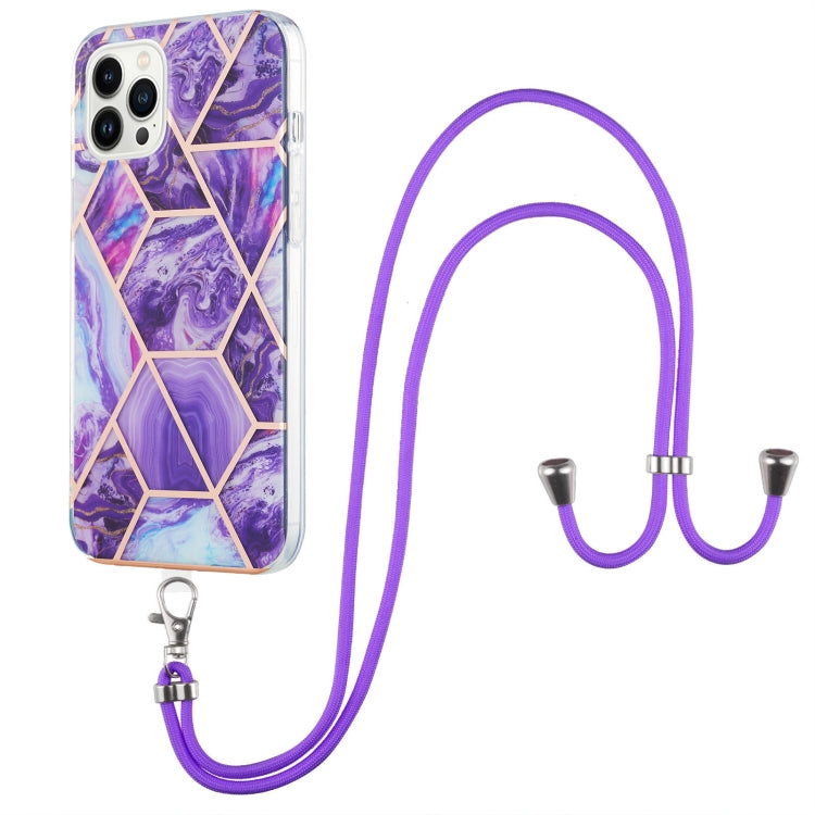 For iPhone 14 Pro Max Electroplating Splicing Marble Pattern Dual-side IMD TPU Shockproof Case with Neck Lanyard