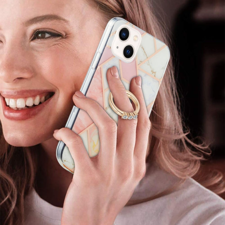 For iPhone 14 Electroplating Splicing Marble Pattern Dual-side IMD TPU Shockproof Case with Ring Holder