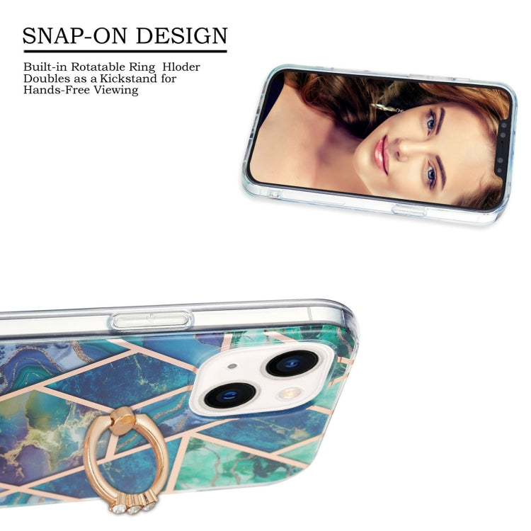 For iPhone 14 Electroplating Splicing Marble Pattern Dual-side IMD TPU Shockproof Case with Ring Holder
