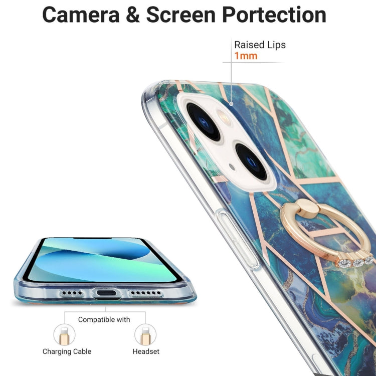 For iPhone 14 Electroplating Splicing Marble Pattern Dual-side IMD TPU Shockproof Case with Ring Holder