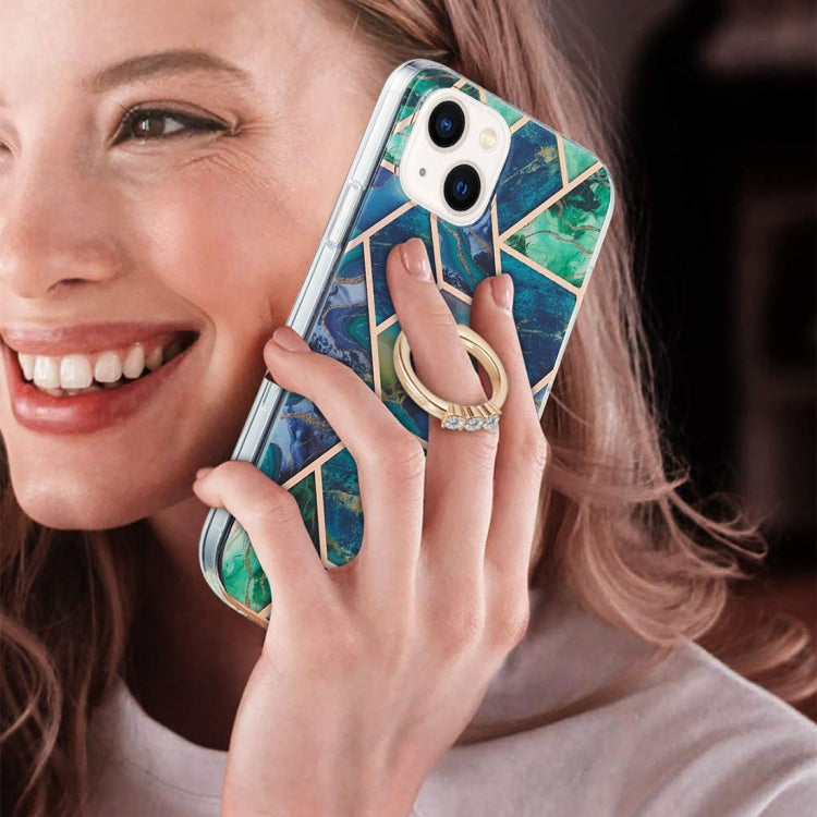 For iPhone 14 Electroplating Splicing Marble Pattern Dual-side IMD TPU Shockproof Case with Ring Holder
