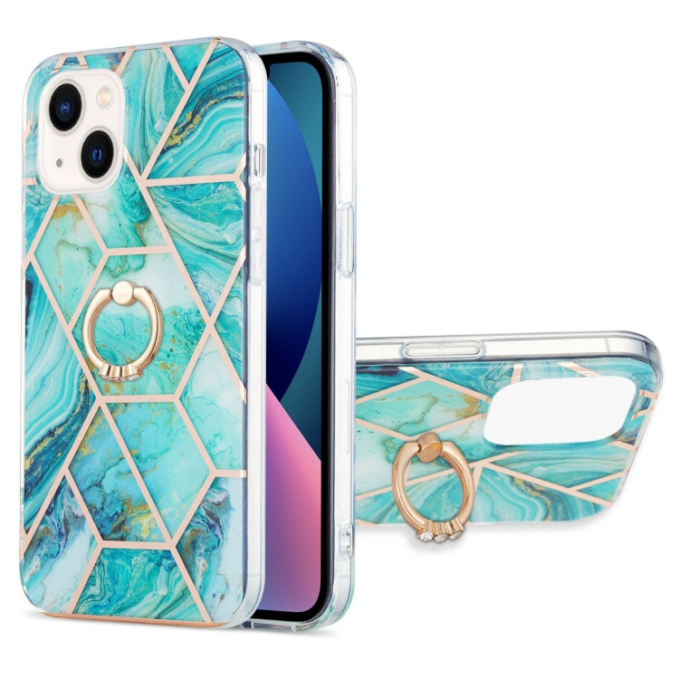 For iPhone 14 Electroplating Splicing Marble Pattern Dual-side IMD TPU Shockproof Case with Ring Holder