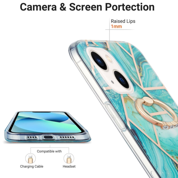 For iPhone 14 Electroplating Splicing Marble Pattern Dual-side IMD TPU Shockproof Case with Ring Holder