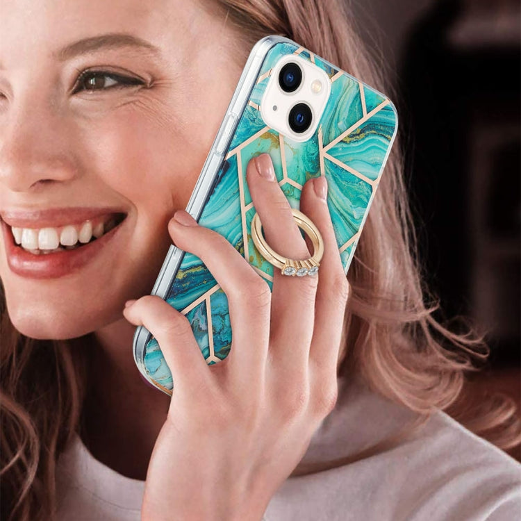 For iPhone 14 Electroplating Splicing Marble Pattern Dual-side IMD TPU Shockproof Case with Ring Holder