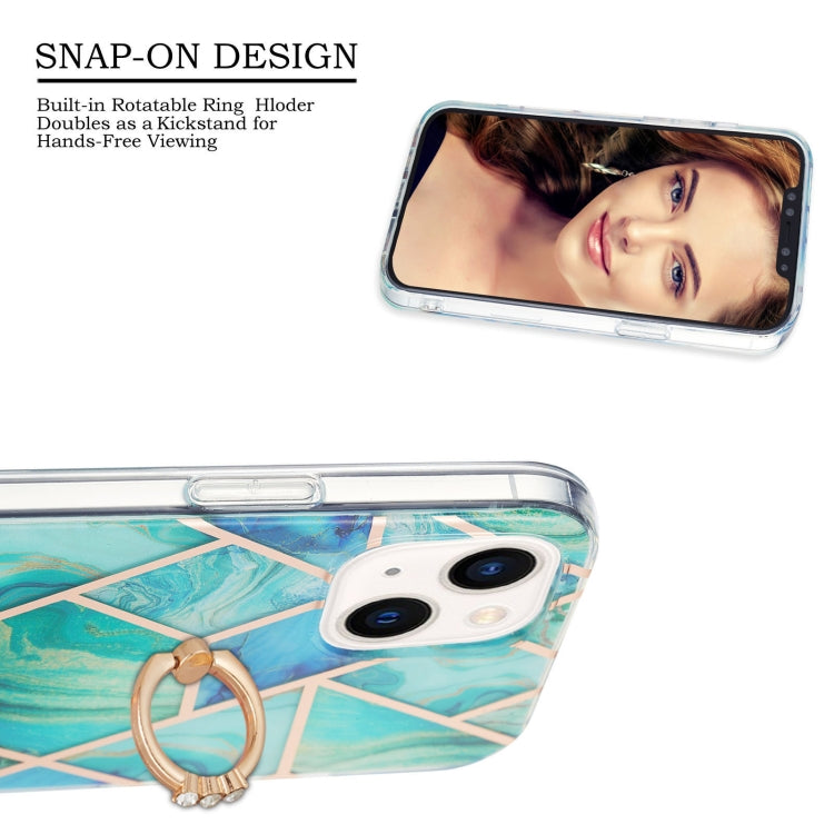 For iPhone 14 Electroplating Splicing Marble Pattern Dual-side IMD TPU Shockproof Case with Ring Holder