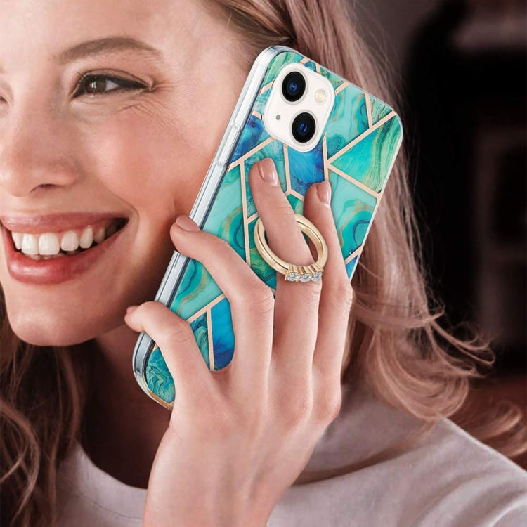 For iPhone 14 Electroplating Splicing Marble Pattern Dual-side IMD TPU Shockproof Case with Ring Holder