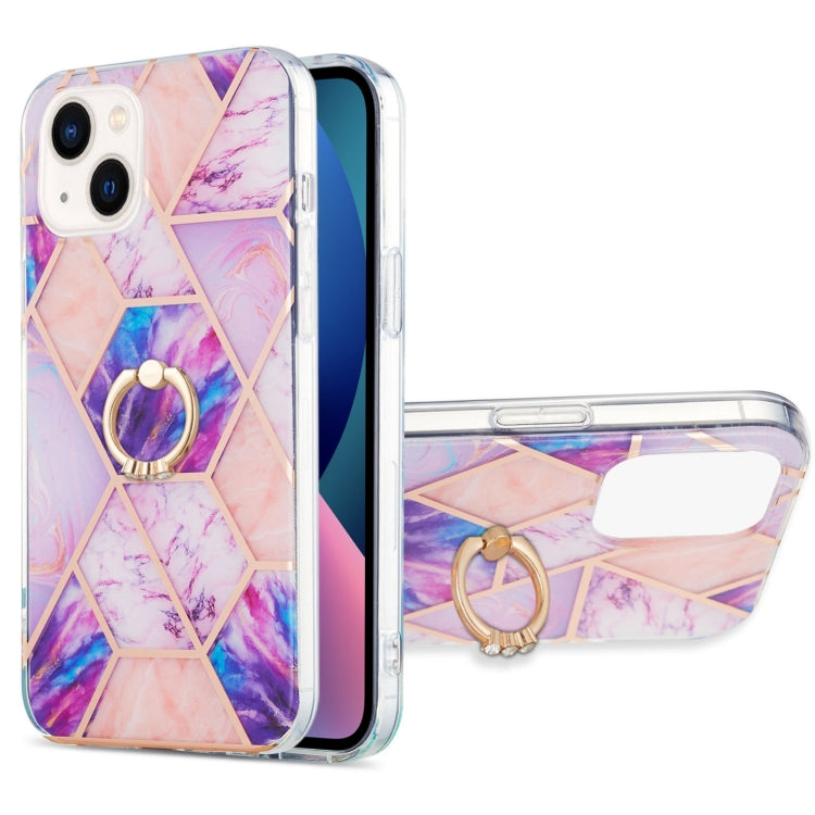 For iPhone 14 Electroplating Splicing Marble Pattern Dual-side IMD TPU Shockproof Case with Ring Holder