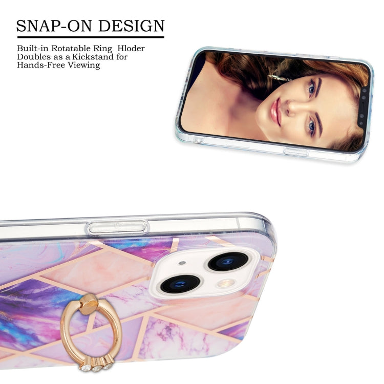 For iPhone 14 Electroplating Splicing Marble Pattern Dual-side IMD TPU Shockproof Case with Ring Holder