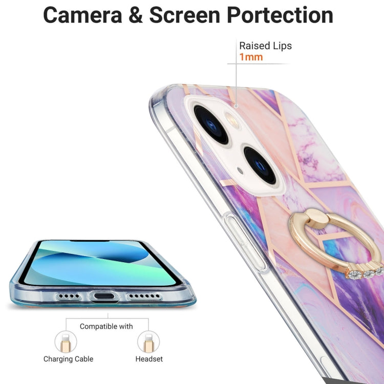 For iPhone 14 Electroplating Splicing Marble Pattern Dual-side IMD TPU Shockproof Case with Ring Holder