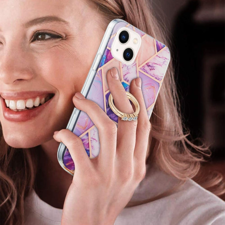 For iPhone 14 Electroplating Splicing Marble Pattern Dual-side IMD TPU Shockproof Case with Ring Holder