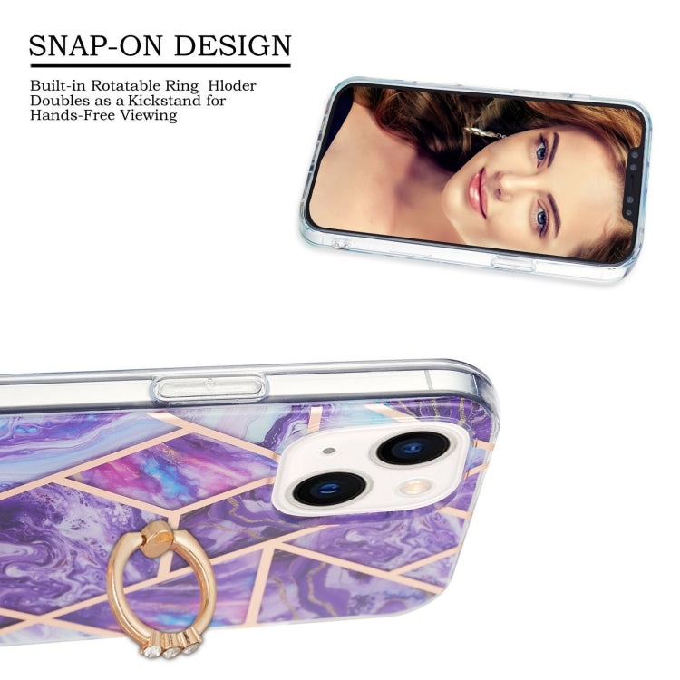 For iPhone 14 Electroplating Splicing Marble Pattern Dual-side IMD TPU Shockproof Case with Ring Holder