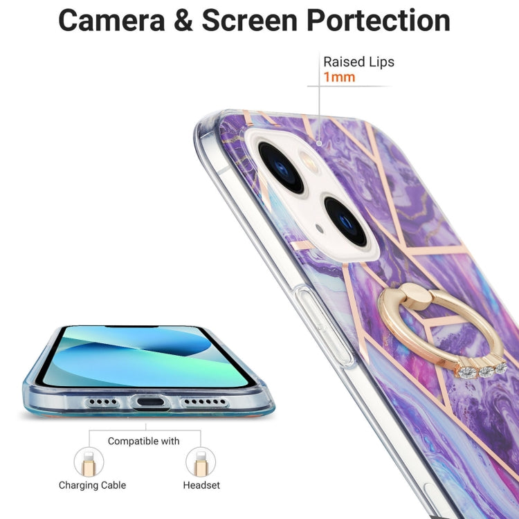 For iPhone 14 Electroplating Splicing Marble Pattern Dual-side IMD TPU Shockproof Case with Ring Holder