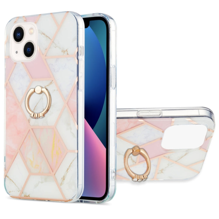 For iPhone 14 Plus Electroplating Splicing Marble Pattern Dual-side IMD TPU Shockproof Case with Ring Holder