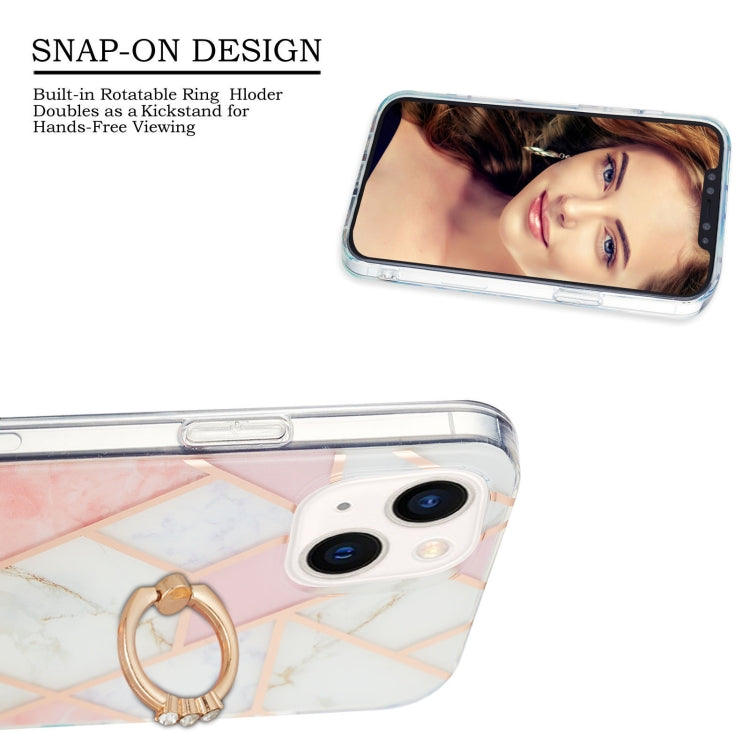 For iPhone 14 Plus Electroplating Splicing Marble Pattern Dual-side IMD TPU Shockproof Case with Ring Holder