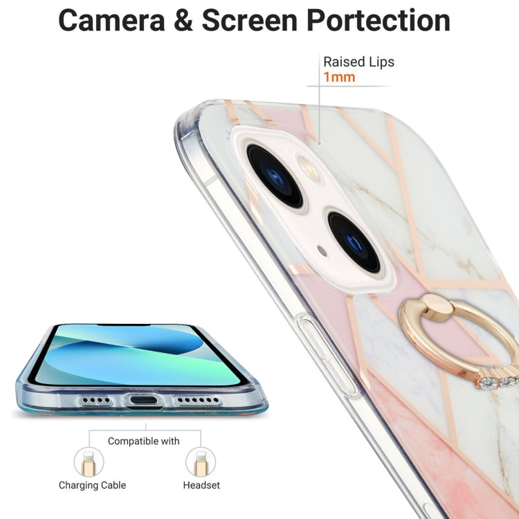 For iPhone 14 Plus Electroplating Splicing Marble Pattern Dual-side IMD TPU Shockproof Case with Ring Holder