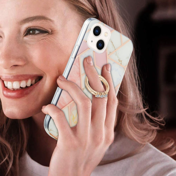 For iPhone 14 Plus Electroplating Splicing Marble Pattern Dual-side IMD TPU Shockproof Case with Ring Holder
