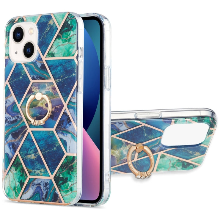 For iPhone 14 Plus Electroplating Splicing Marble Pattern Dual-side IMD TPU Shockproof Case with Ring Holder