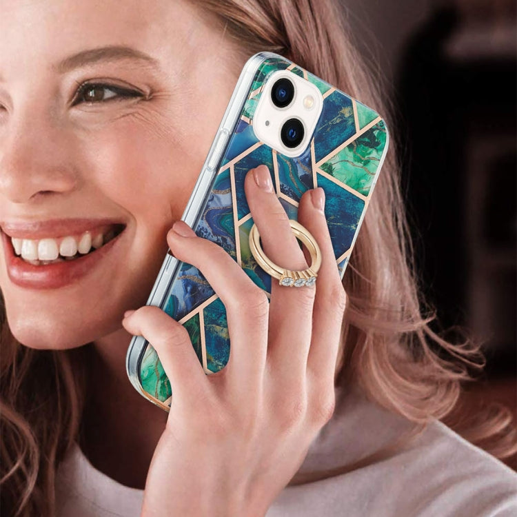 For iPhone 14 Plus Electroplating Splicing Marble Pattern Dual-side IMD TPU Shockproof Case with Ring Holder