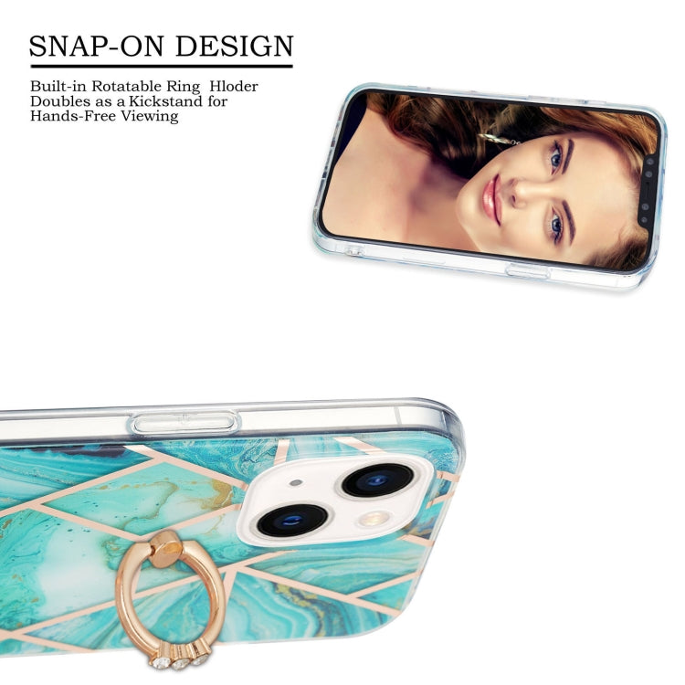 For iPhone 14 Plus Electroplating Splicing Marble Pattern Dual-side IMD TPU Shockproof Case with Ring Holder