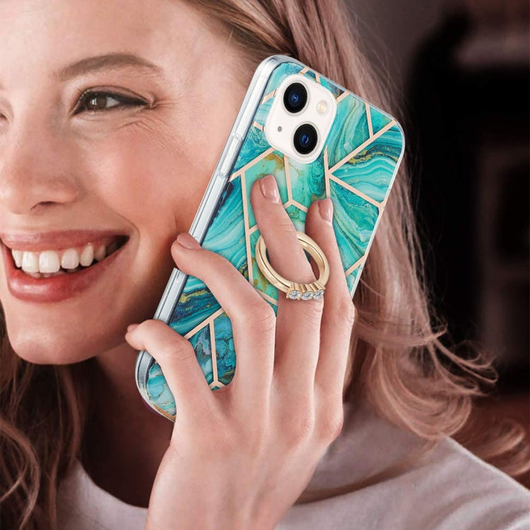For iPhone 14 Plus Electroplating Splicing Marble Pattern Dual-side IMD TPU Shockproof Case with Ring Holder