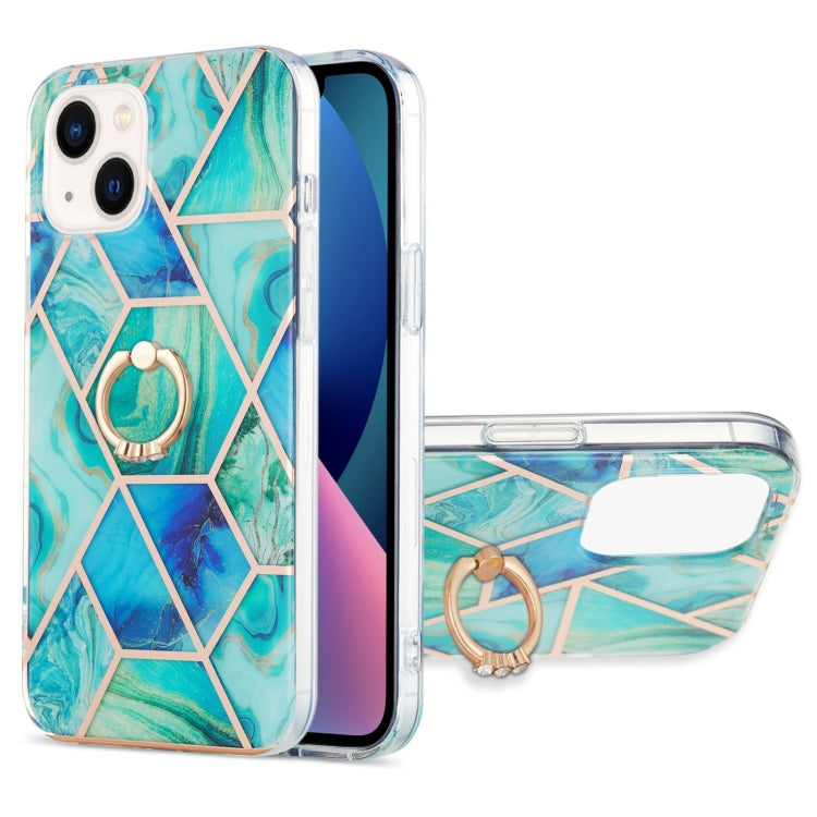 For iPhone 14 Plus Electroplating Splicing Marble Pattern Dual-side IMD TPU Shockproof Case with Ring Holder
